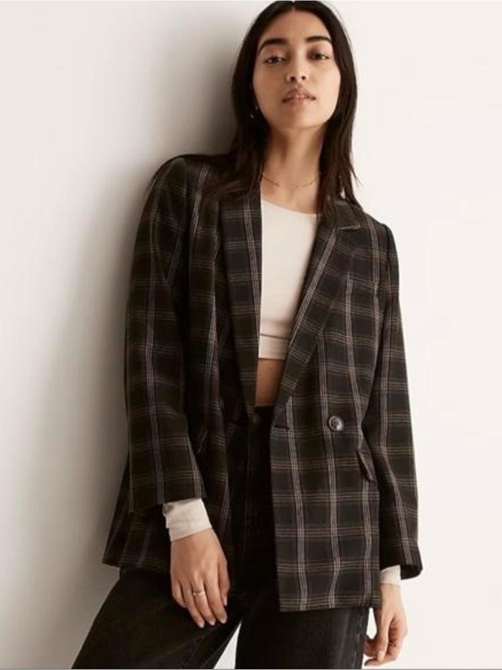 Madewell Black Plaid Double-Breasted Blazer